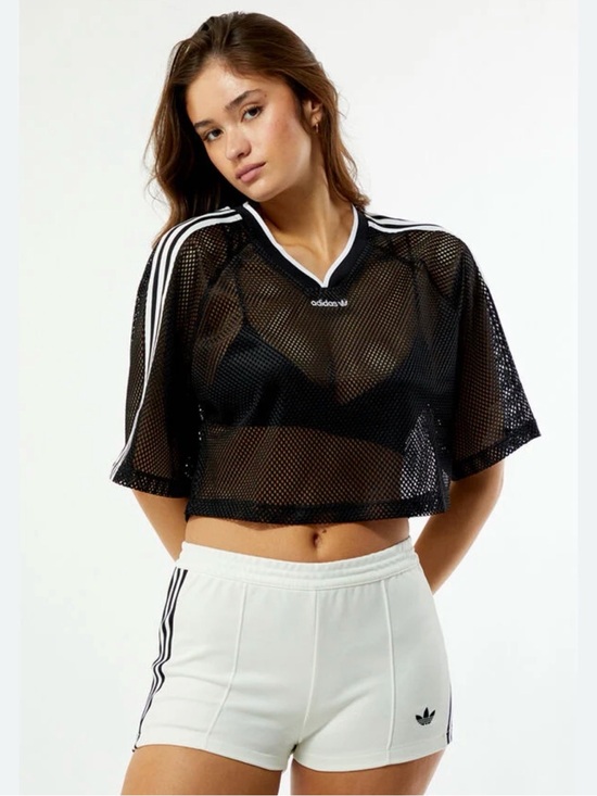 adidas Tops - adidas Black Mesh Cropped V‑Neck Sports Top with White Stripes